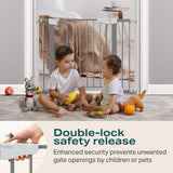 Cumbor gray auto-close baby gate installed in doorway, showing dual-lock mechanism and walk-through door with step pedal - view 3