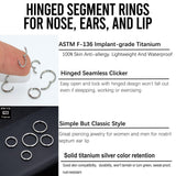 Two silver titanium hinged clicker nose ring hoops 16G 10mm for septum cartilage and helix piercings on white background - view 5