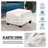 Off white velvet stretch slipcover fitted over a large square storage ottoman with elastic hem pulled snug around base - view 5