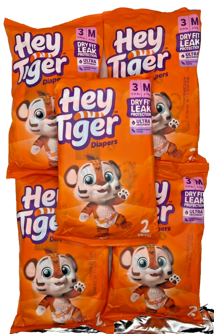 Hey Tiger Size 3 Medium unisex diapers in orange tiger-themed packaging, 5 packs of 2 with Dry Fit Leak Protection