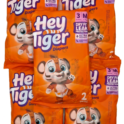 Hey Tiger Size 3 Medium unisex diapers in orange tiger-themed packaging, 5 packs of 2 with Dry Fit Leak Protection