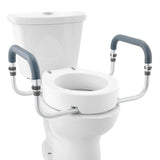 VEVOR blue-gray raised toilet seat with aluminum armrests and EVA foam padding elevated 3.5 inches on a round toilet