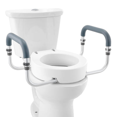 VEVOR blue-gray raised toilet seat with aluminum armrests and EVA foam padding elevated 3.5 inches on a round toilet