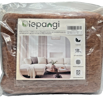 Coffee brown chenille sectional sofa slipcover with fringe trim laid over a 2-cushion couch, 71 by 118 inches