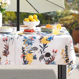 Rectangular floral waterproof tablecloth 60x104 inches with zippered umbrella hole on outdoor patio dining table