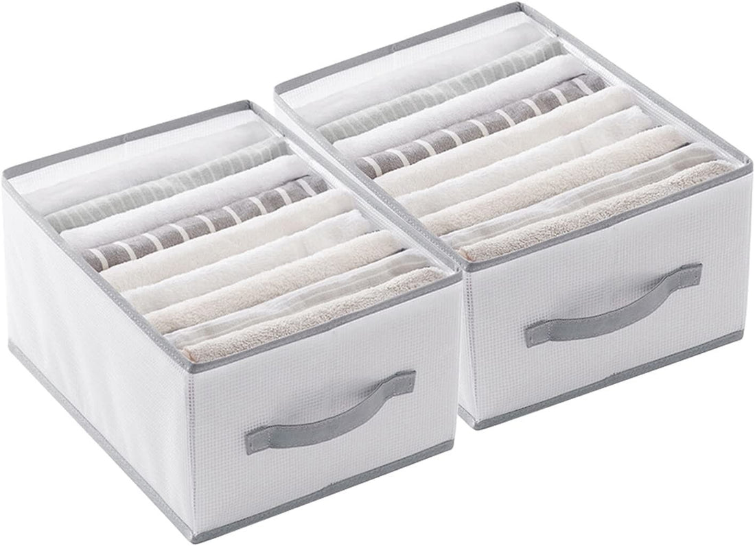 Two white polyamide wardrobe clothes organizer bins with zip dividers and hard support plates, 9x7x8 inches