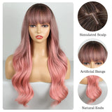 BOGSEA 24-inch long wavy ombre pink synthetic wig with bangs on a mannequin head, shown from front - view 3