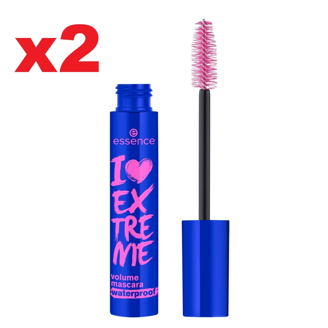 Two tubes of essence I Love Extreme Volume Waterproof Mascara in black packaging, vegan and paraben-free formula