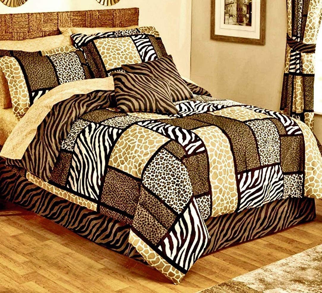 MMB Safari Zanzibar 10-piece king comforter set with zebra giraffe leopard animal print in brown black and tan