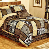 MMB Safari Zanzibar 10-piece king comforter set with zebra giraffe leopard animal print in brown black and tan