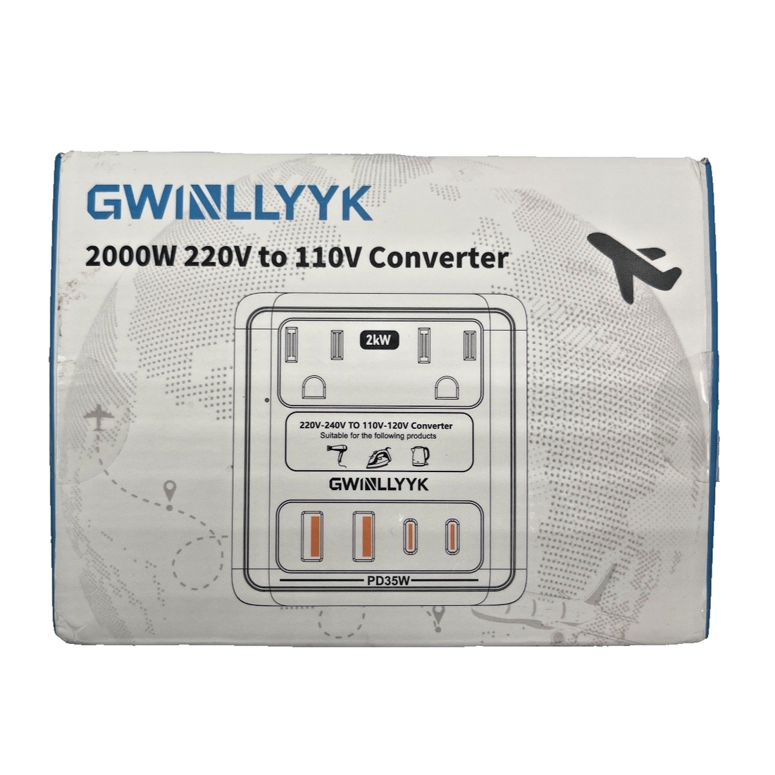 GWINLLYYK 2000W white portable voltage converter with dual AC outlets and USB-C PD 35W ports on white background