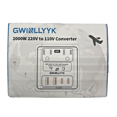 GWINLLYYK 2000W white portable voltage converter with dual AC outlets and USB-C PD 35W ports on white background