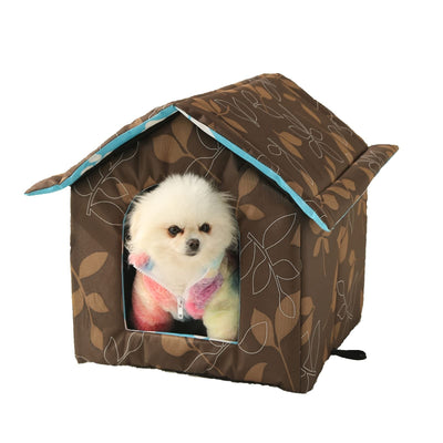 Brown insulated outdoor cat house with transparent curtain closure, foldable Oxford cloth shelter for stray cats