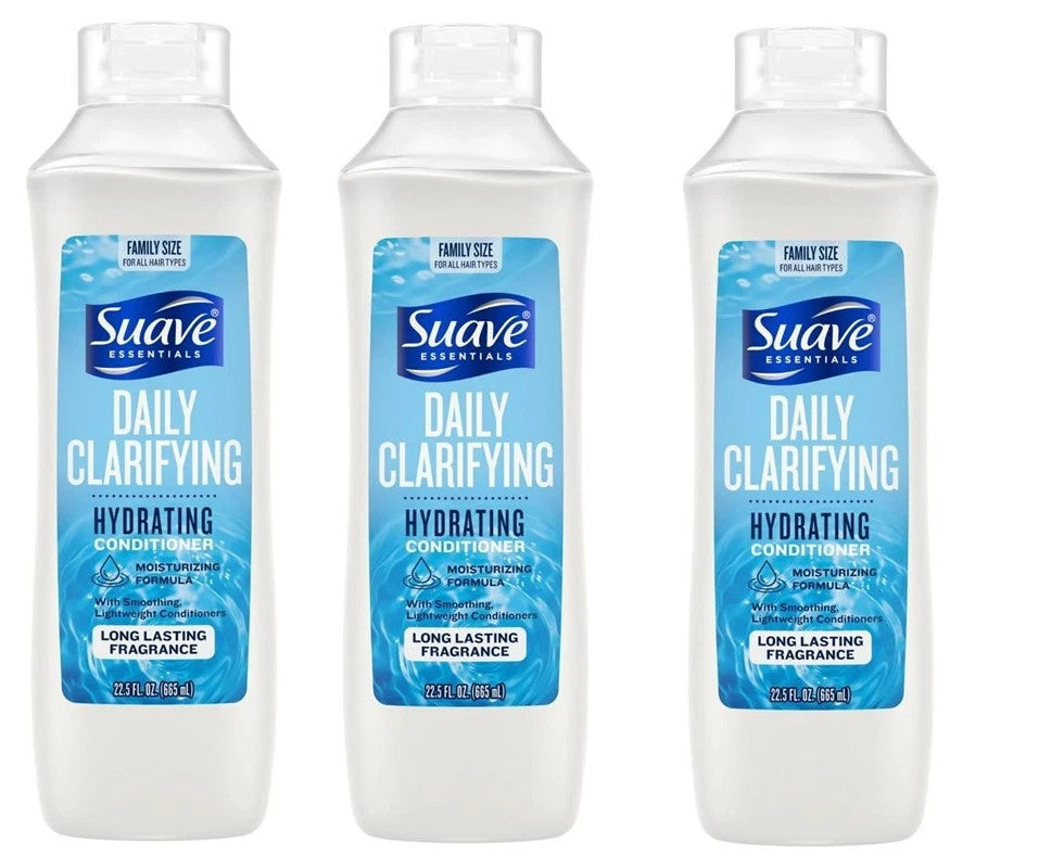 Three sealed bottles of Suave Essentials Daily Clarifying Conditioner 22.5 fl oz each arranged together