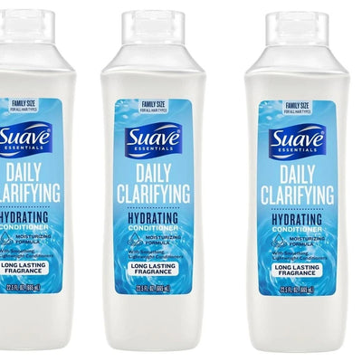 Three sealed bottles of Suave Essentials Daily Clarifying Conditioner 22.5 fl oz each arranged together