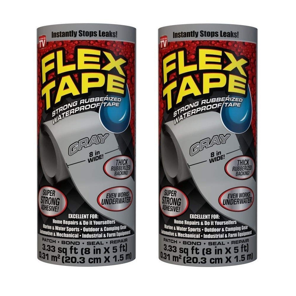 Two rolls of Flex Tape 8x5 foot gray rubberized waterproof repair tape in packaging, model TFSGRYR0805
