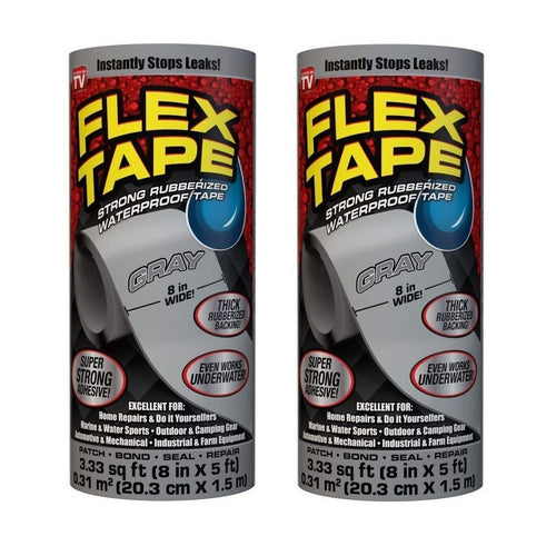 Two rolls of Flex Tape 8x5 foot gray rubberized waterproof repair tape in packaging, model TFSGRYR0805