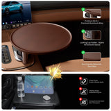 AXVLU 360-degree rotating car tray desk with walnut birch wood top mounted in vehicle cup holder, laptop and cup resting on surface - view 4