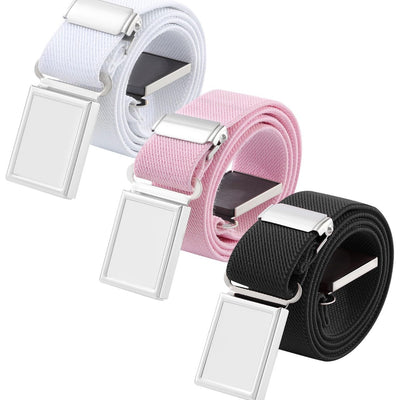 Three AWAYTR kids elastic stretch magnetic buckle belts in multiple colors, one-size-fits-most for school uniforms