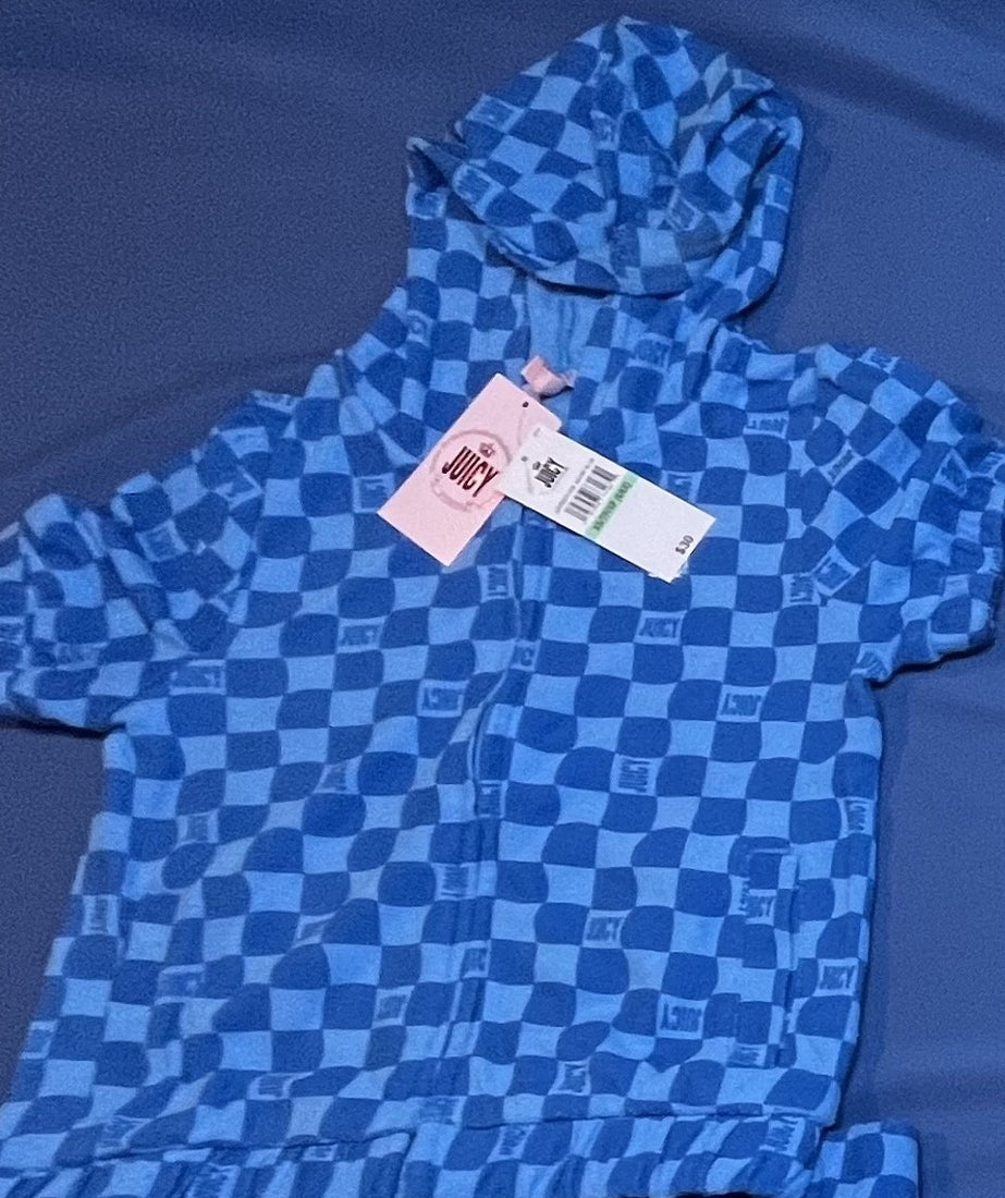 Juicy Couture blue and white checkered terry cloth short sleeve zip hoodie with logo embroidery, size S, new with tags