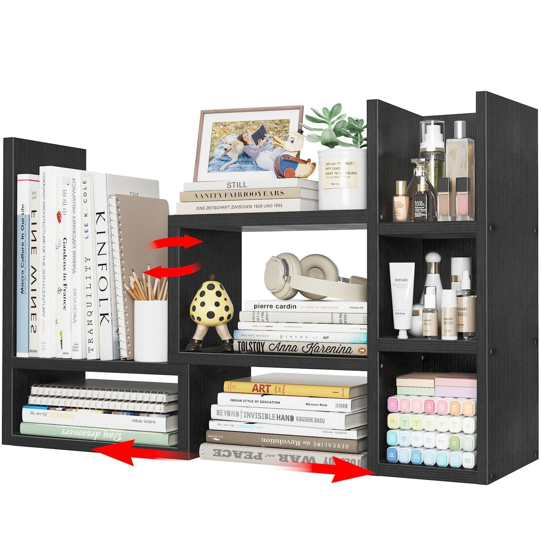 NUTIKAS black 3-tier adjustable desk shelf organizer with anti-fall bolts displayed on a home office desktop