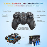 6-wheel double-sided RC stunt drift car with LED lights and mist spray effect, multi-color, shown with remote control - view 2