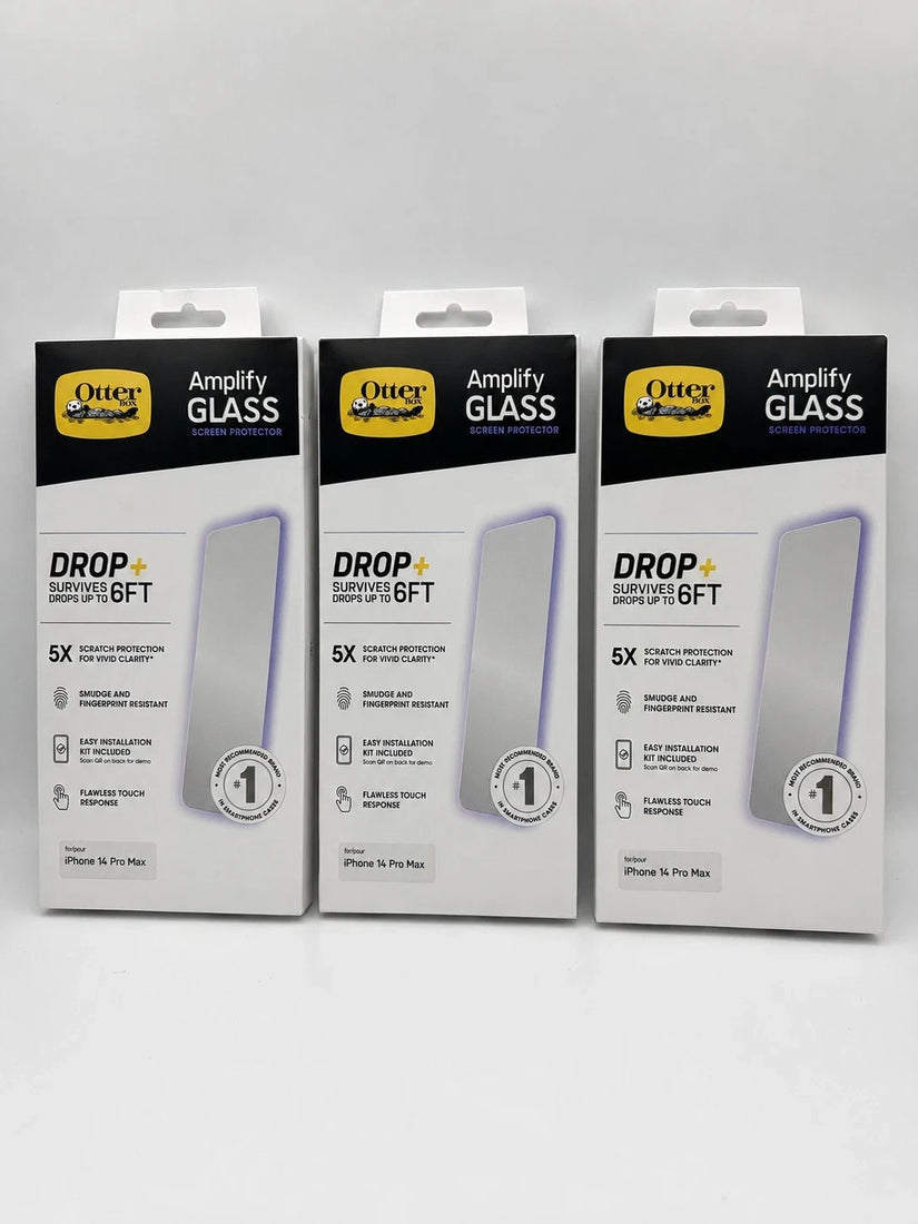OtterBox Amplify Glass Antimicrobial Screen Protector 3-Pack packaging for iPhone 14 Pro in clear tempered glass