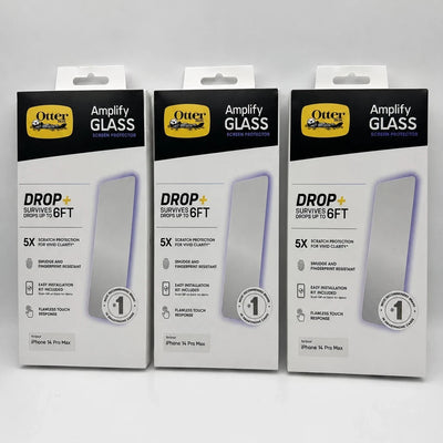 OtterBox Amplify Glass Antimicrobial Screen Protector 3-Pack packaging for iPhone 14 Pro in clear tempered glass