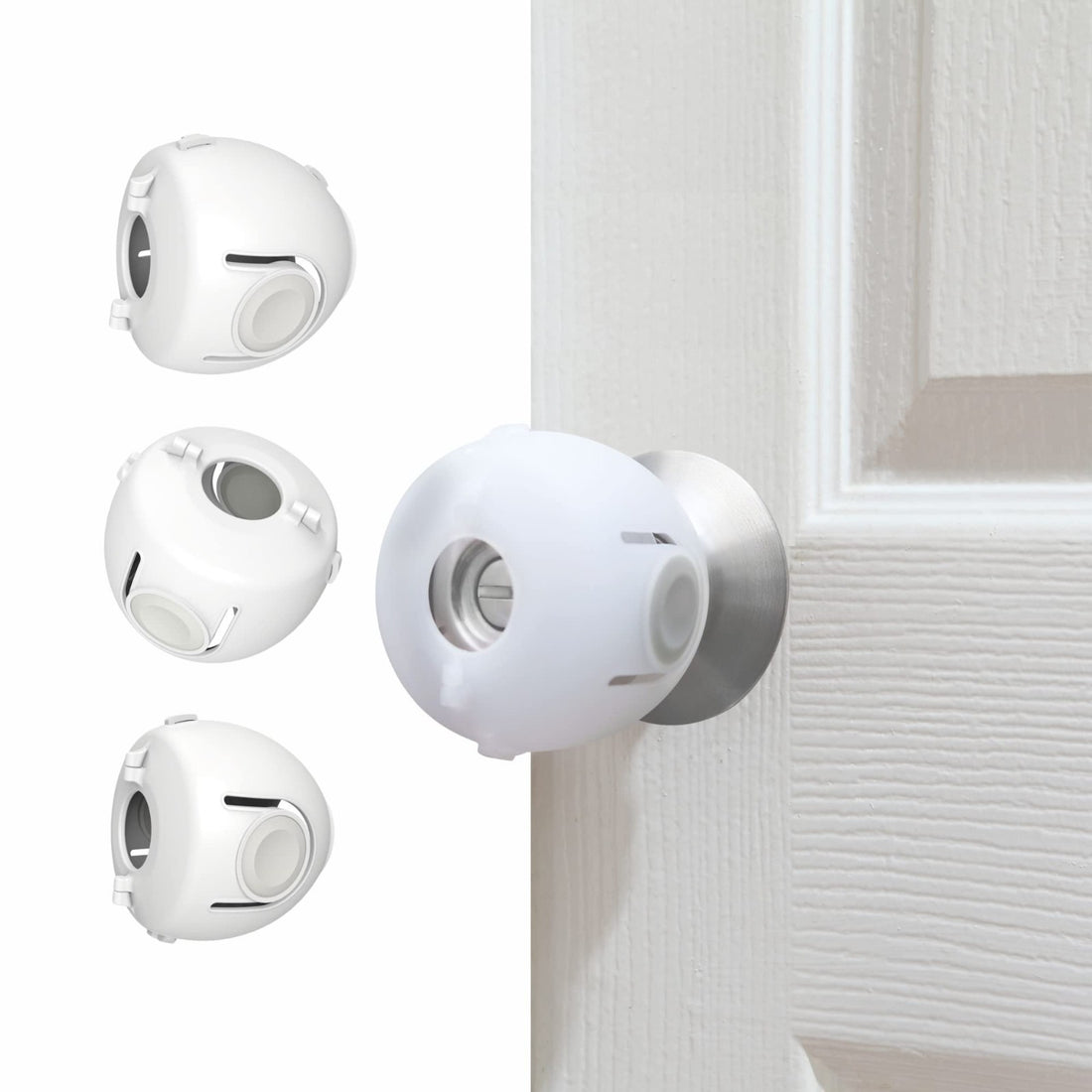 Four white child proof door knob covers snap-in design by Heart of Tafiti in original retail packaging