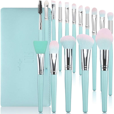 DUAIU 16-piece blue wooden handle makeup brush set with synthetic bristles displayed beside a blue fabric travel bag