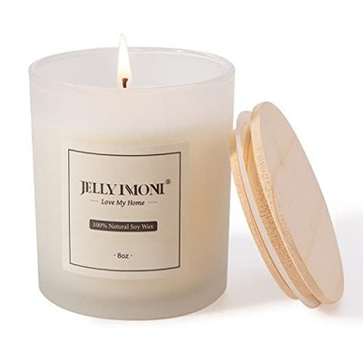 JELLYMONI white round glass jar rose scented soy wax candle 8oz with lid on neutral background