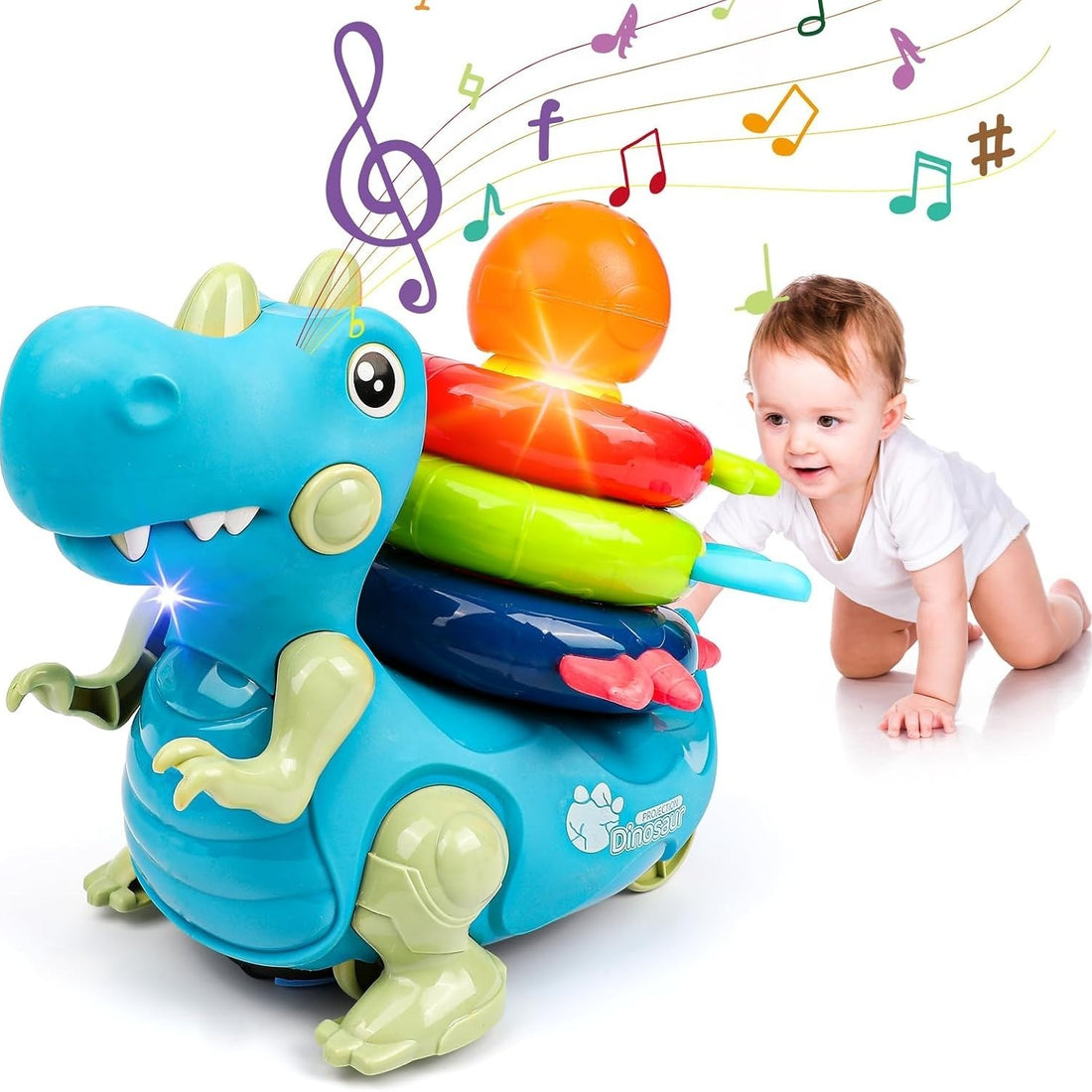 Popsunny multicolor dinosaur musical crawling toy with stackable rings, rattle, and teether for babies 6–12 months