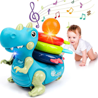 Popsunny multicolor dinosaur musical crawling toy with stackable rings, rattle, and teether for babies 6–12 months