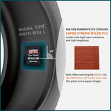 Eight black square PAX 100x100mm natural rubber tire repair patches laid flat, showing nylon ply surface and PET film backing - view 4