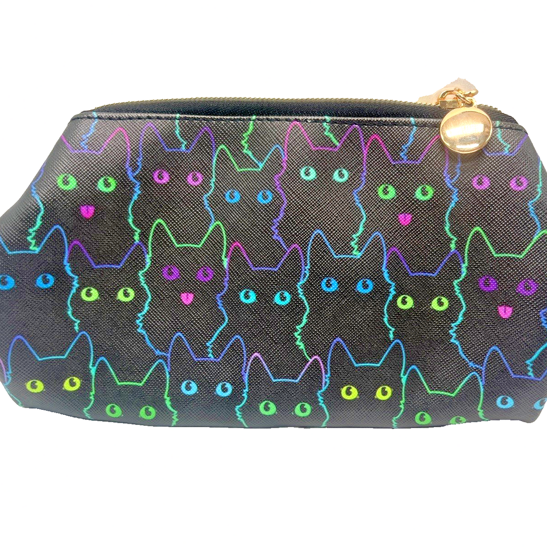 Black canvas makeup bag with colorful neon cat silhouette pattern, gold-tone zipper pull, and fully lined interior compartment