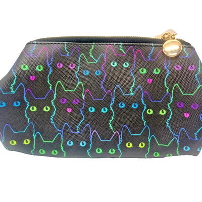 Black canvas makeup bag with colorful neon cat silhouette pattern, gold-tone zipper pull, and fully lined interior compartment