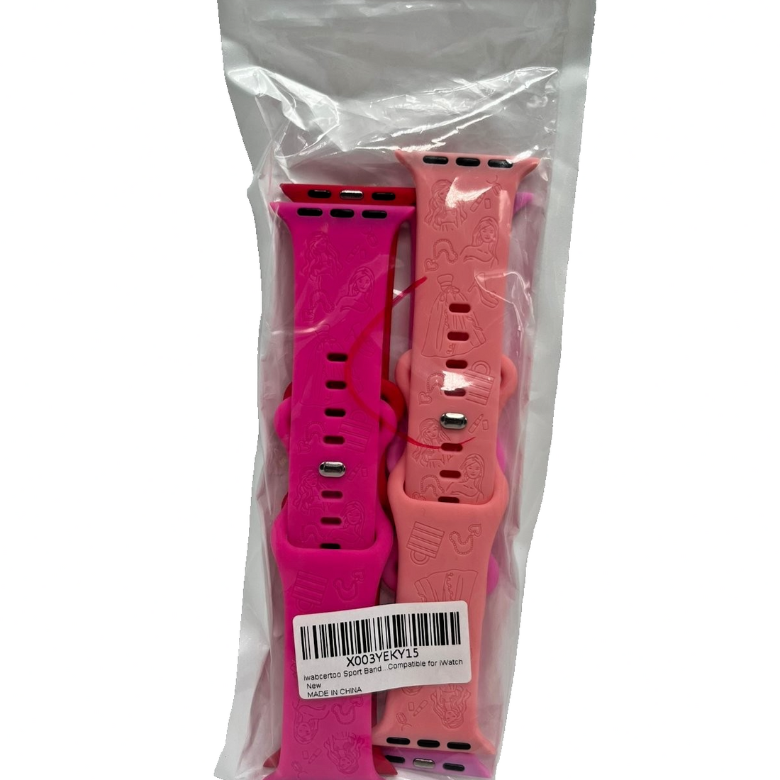 Four silicone sport watch bands in purple, pink, red, and peach with engraved fairy tale princess pattern, fits 38mm 40mm 41mm