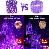 Brizled 200 LED purple Halloween string lights on black PVC wire spanning 72 feet outdoors at night - view 7