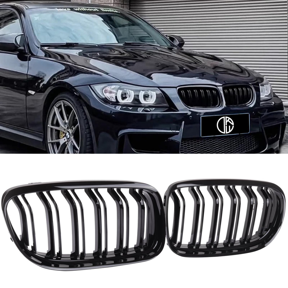 Pair of gloss black double-slat kidney grilles for 2009-2011 BMW E90 E91, ABS plastic aftermarket replacement set