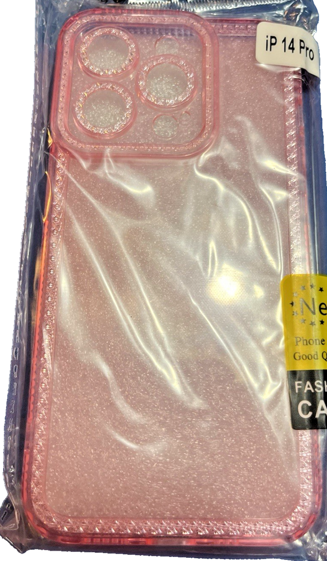 Gunprio rose gold pink glitter TPU case for iPhone 14 Pro with raised bezels and holographic sparkle finish