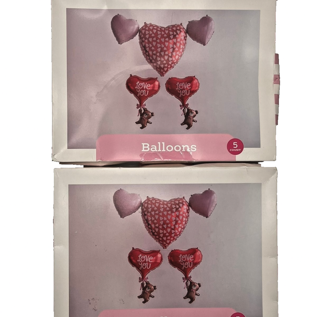 Spritz Valentine's Day foil balloon set with heart and teddy bear designs, two 5-piece packs, metallic pink and red finish