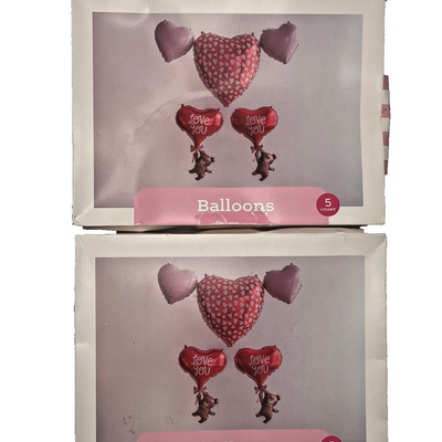 Spritz Valentine's Day foil balloon set with heart and teddy bear designs, two 5-piece packs, metallic pink and red finish