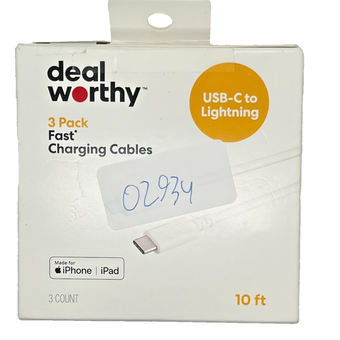 Three white braided 10-foot USB-C to Lightning charging cables by Dealworthy in original packaging, MFi Certified