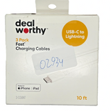 Dealworthy 10ft USB-C to Lightning Cable 3-Pack MFi Certified White — view 1 of 3