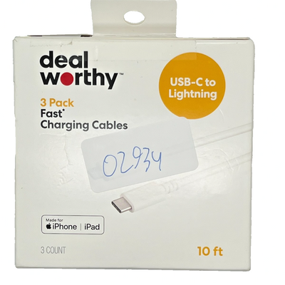 Three white braided 10-foot USB-C to Lightning charging cables by Dealworthy in original packaging, MFi Certified