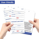 Stack of rectangular coated paper baggage claim check tags numbered in bold red on white, with tear-off stub and transfer tape backing - view 3