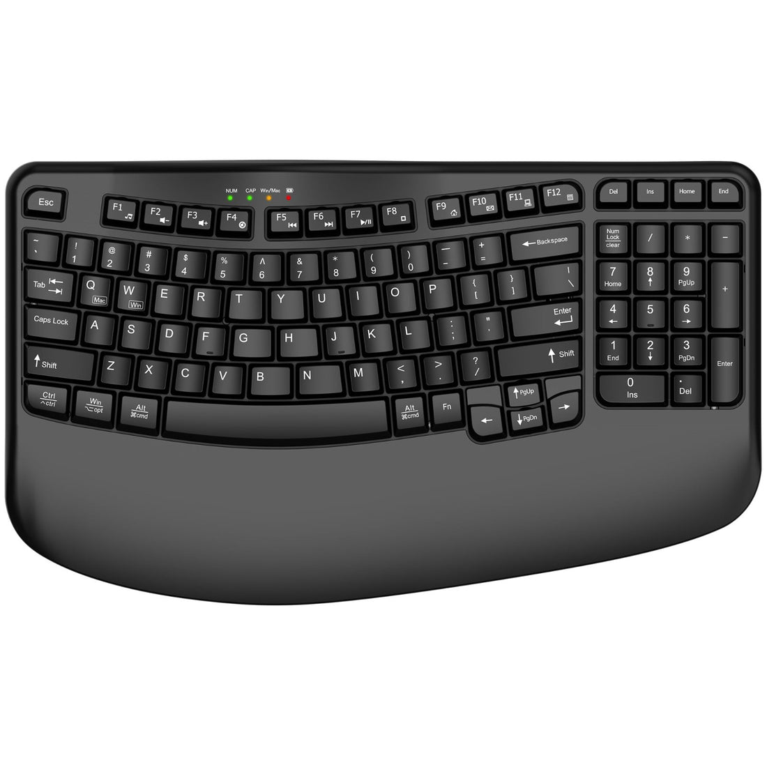 EDJO black wireless ergonomic wave keyboard with wide wrist rest, 15.35 inches, USB nano receiver included