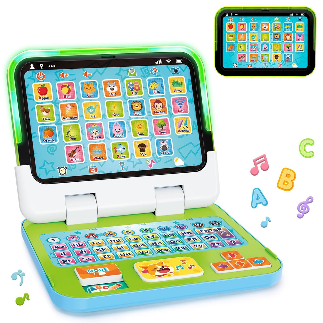 Green GMAOPHY 2-in-1 kids learning laptop tablet toy with keyboard and detachable screen for toddlers ages 1 to 3