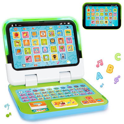 Green GMAOPHY 2-in-1 kids learning laptop tablet toy with keyboard and detachable screen for toddlers ages 1 to 3