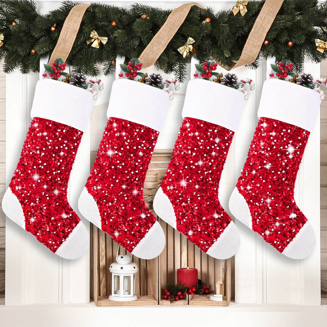 Set of four 18-inch red sequin Christmas stockings arranged together, bulk 4-pack by Aivanart for holiday mantel decor
